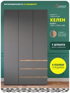 Распашной шкаф 3-х створчатый Хелен ШК 06 в спальню дуб золотой крафт/графит Краснодар